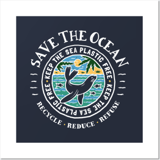 Save The Ocean Sea lion - Keep The Sea Plastic Free - Beach Scene. Posters and Art